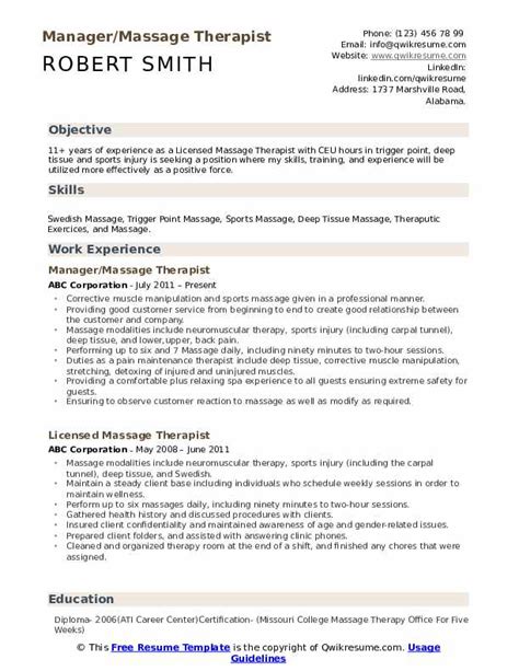 Massage Therapy Sample Massage Therapist Resume Master Of Template