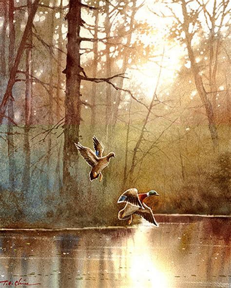Duck Art Print Of Watercolor Painting Birds Landscape Lake