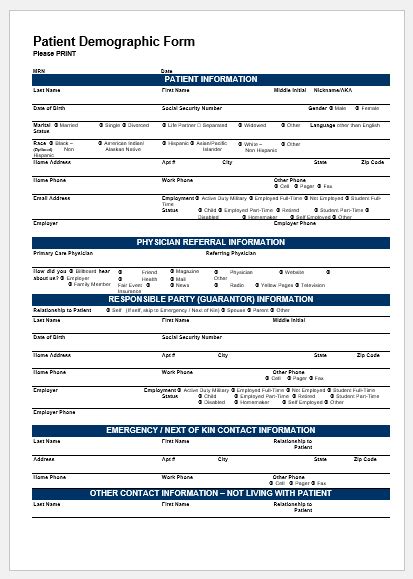 patient demographic form template  word  file