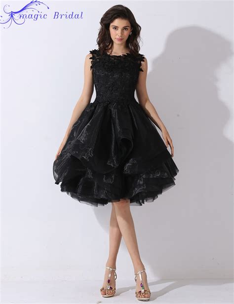 Elegant Black Lace Puffy Organza Prom Dresses Open Back Black Short