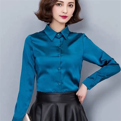 2016 new peacock blue satin shirt women long sleeve silk blouses women
