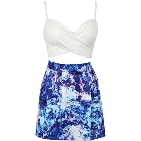 choies white wrap cupped crop top and blue floral print mini skirt 22 liked on polyvore