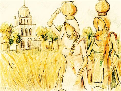 Punjabi Village Girls Drawing By Sukhpal Grewal Fine Art America