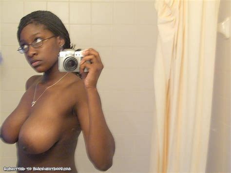 big tits black gf naked selfie in the bathroom