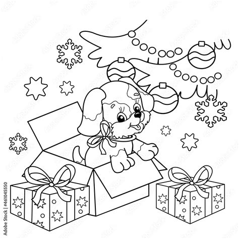 coloring page outline  christmas tree  gifts    dog