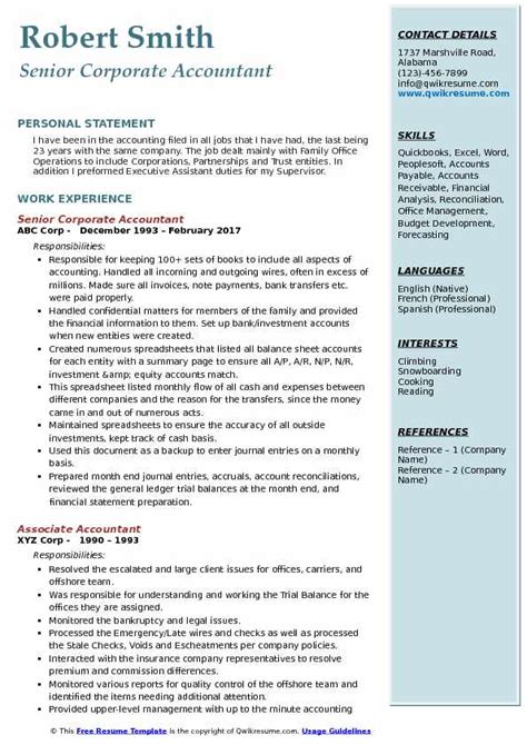 corporate accountant resume samples qwikresume