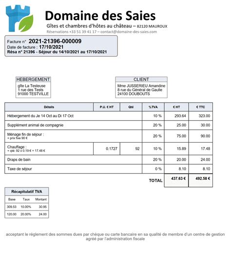 facturation des sejours pour vos gites  chambres dhotes