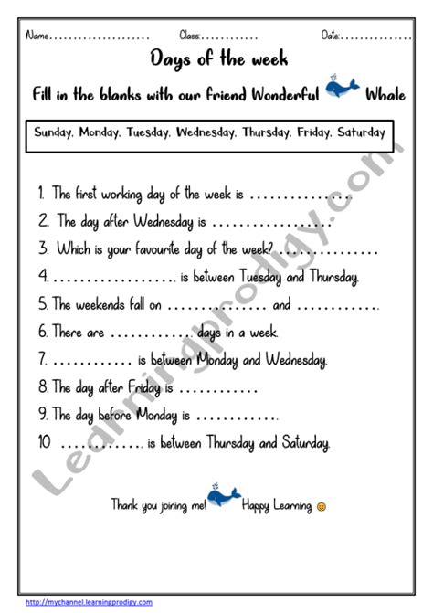 days   week worksheet kindergarten worksheet learningprodigy