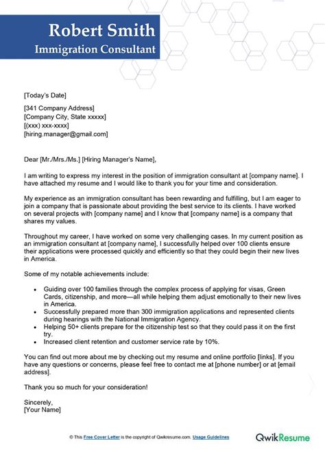 immigration consultant cover letter examples qwikresume