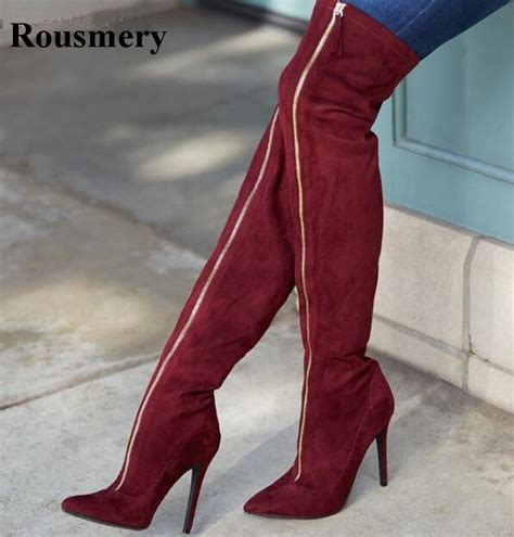women front zipper up red suede leather over knee high heel boots