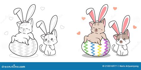 cute bunny cats  easter day cartoon coloring page  kids stock