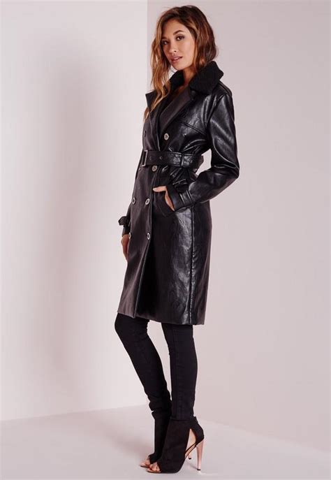 faux leather trench coat with shearling collar black missguided