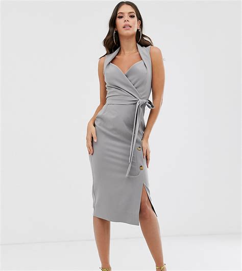 asos design tall midi jurk met sjaalkraag strikband en knopen grijs tall fashion