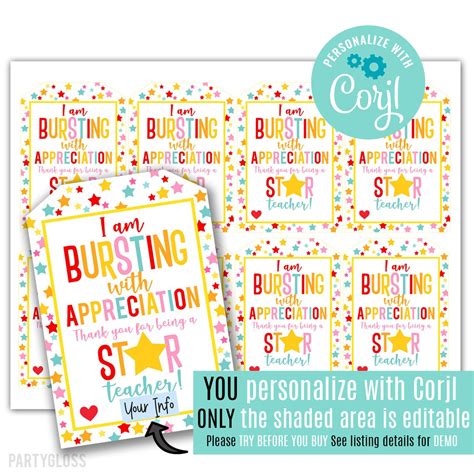 editable teacher appreciation printable tag starburst gift etsy