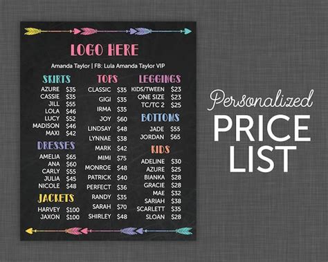 price list price chart chalkboard price list price sign