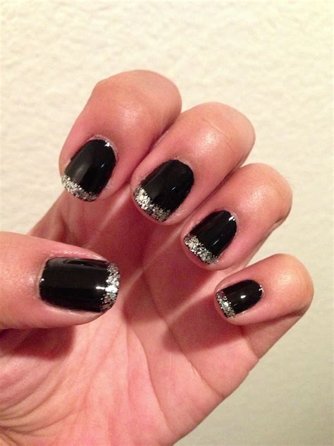 black  silver glitter french tips black nails  glitter black nails nails