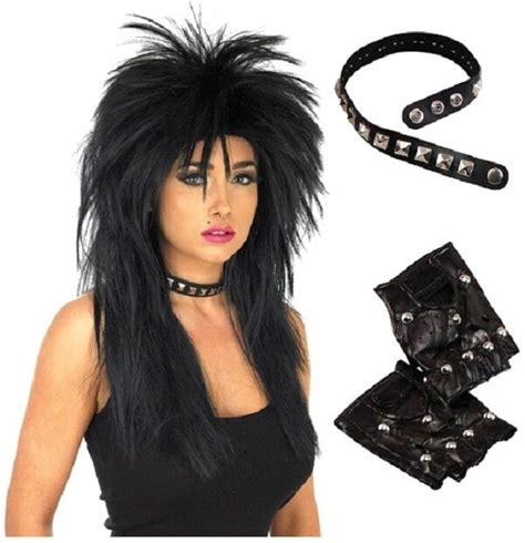 Punk Rocker Wig Gloves Choker 1980s 80s Rock Fancy Dress