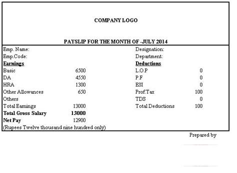 simple salary slip format without deductions
