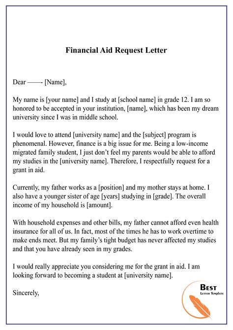 financial aid request letter   letter template