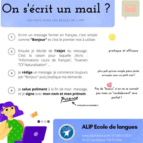 bonjour cordialement comment ecrire  mail formel alip ecole de langue francaise paris