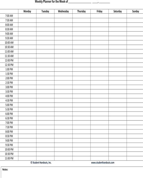 weekly hourly planner   formtemplate