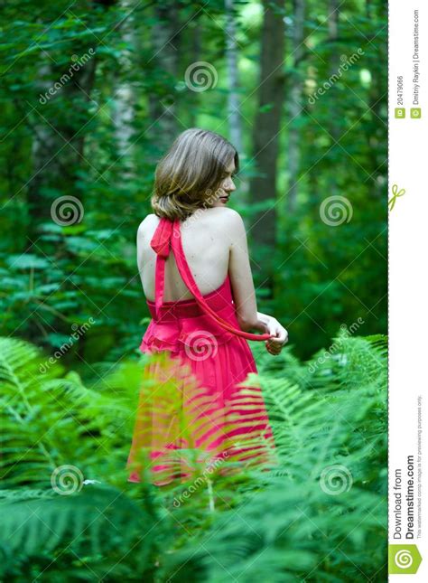 Beautiful Woman With Naked Back In Summer Forest Stock