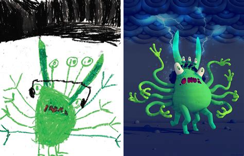 artist skillfully recreates kids monster doodles  unique drawings