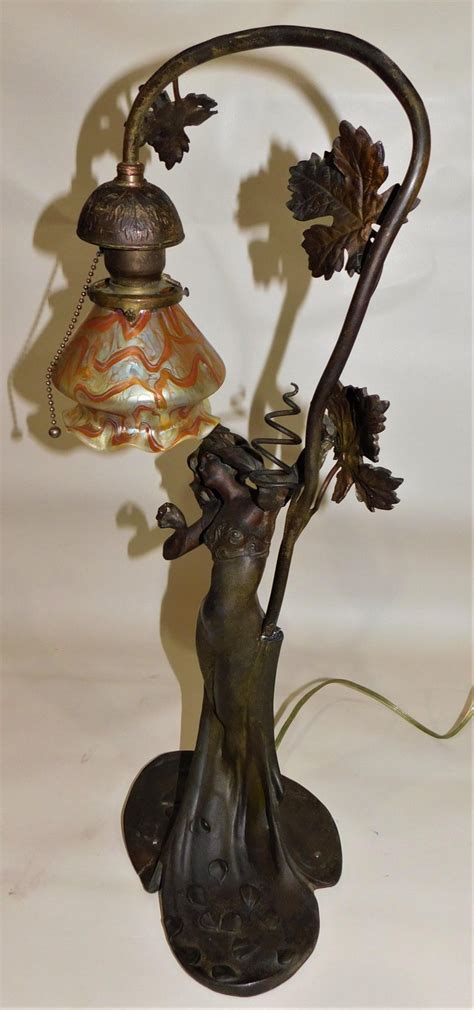 French Art Nouveau Spelter Table Lamp With Vintage Loetz