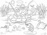 Coloring Fishing Father Son River Cartoon Vector Illustration Children sketch template