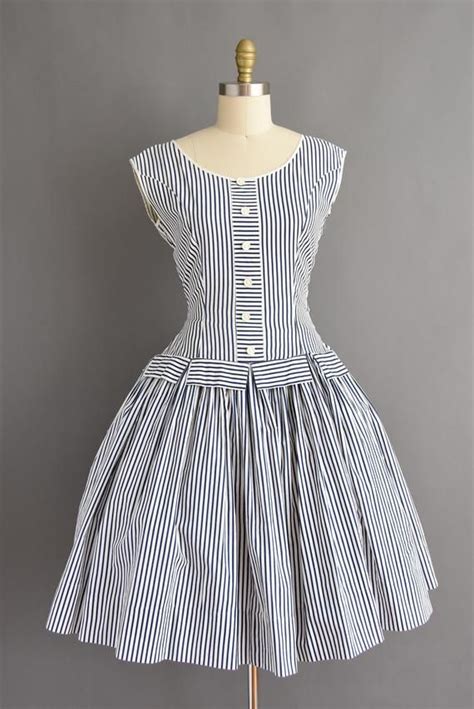 50s Vintage Dress Navy Blue White Pinstripe Sweeping Full Etsy With