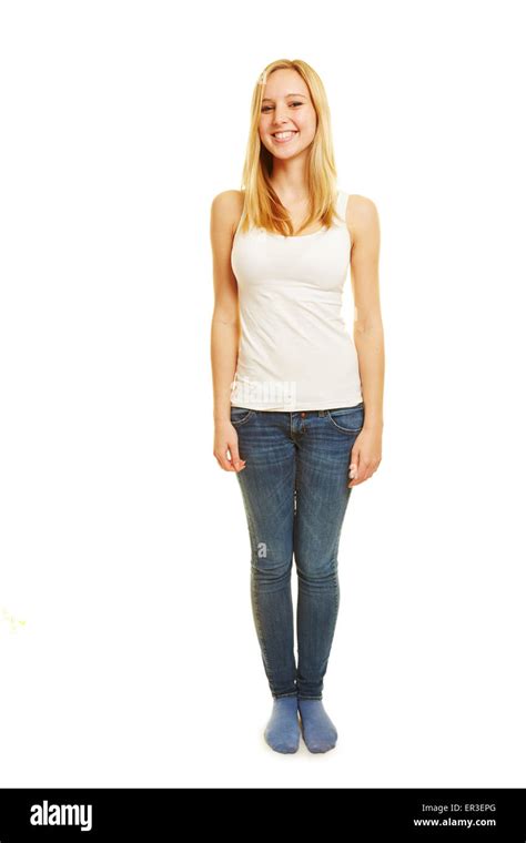 full body shot  young blonde happy woman isolated  white background