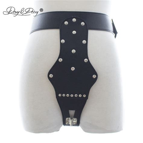 davydaisy women chastity belt lock rivets sexy panties pu leather thong