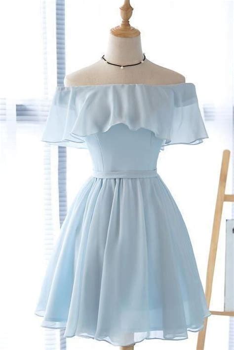 Cute Light Blue Off The Shoulder Short Prom Dresses Chiffon Homecoming