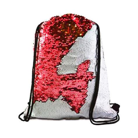 mochila saco de lantejoulas branca e vermelho sublimática
