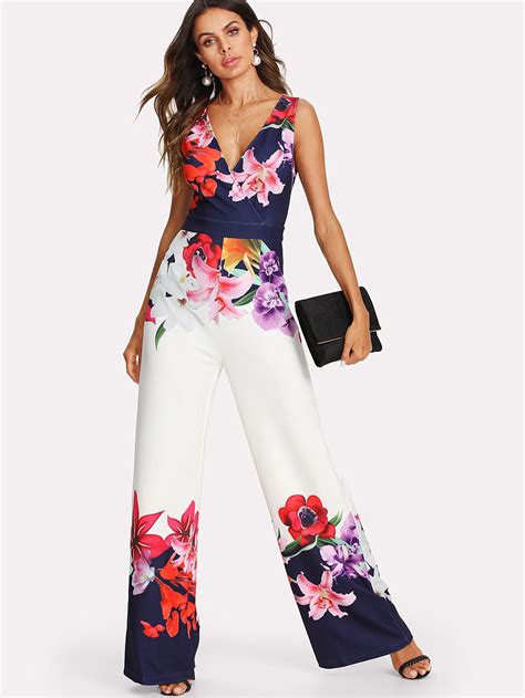 Flower Print Zip Back Sleeveless Jumpsuit Shein Sheinside Jumpsuit