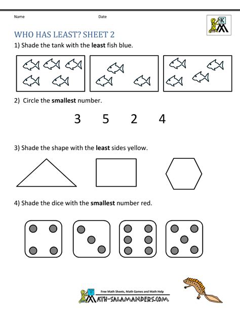printable kindergarten math worksheets comparing numbers  size