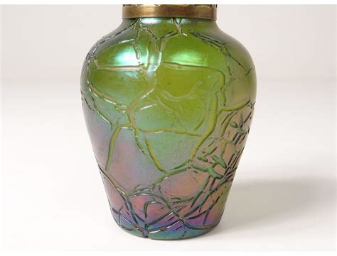 Small Vase Iridescent Glass Loetz Bohemia Austria Gilded Brass Art