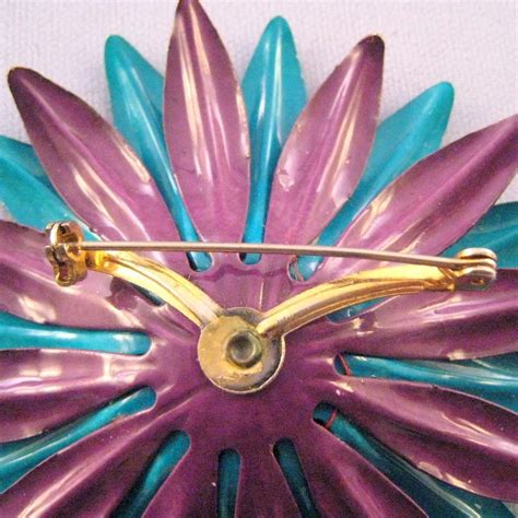 1960s Blue And Purple Enameled Metal Flower Power Pin Retro Jewels