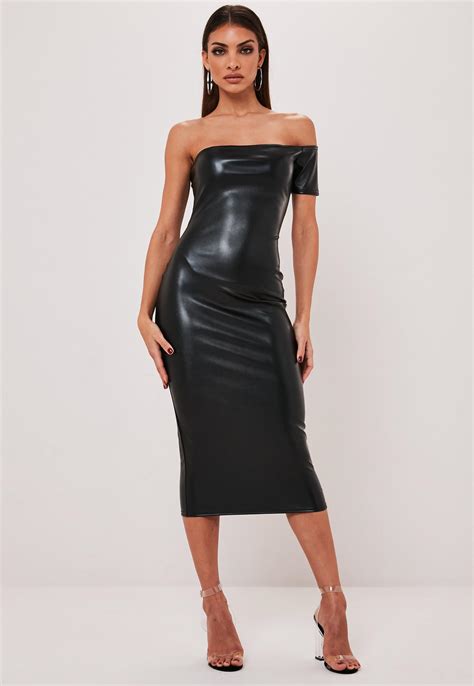 black faux leather one shoulder midaxi dress missguided