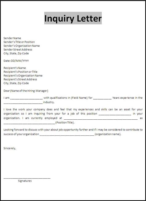 inquiry letter template  word templates