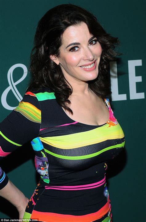 nigella lawson stands out in multicoloured skintight dress