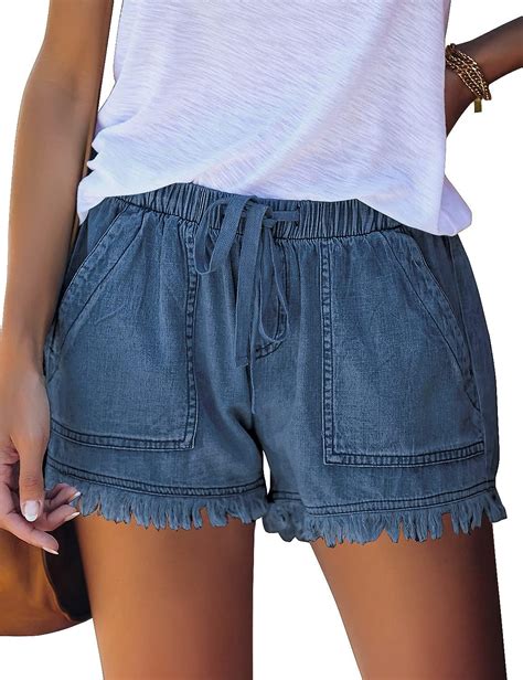 buy lookbookstore jean shorts  women casual summer drawstring elastic waist raw hem denim