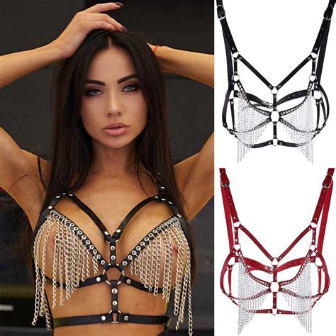 leather body harness bra metal chain bondage lingerie harnesses for