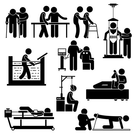 physio physiotherapy  rehabilitation treatment stick figure pictogram icons  vector