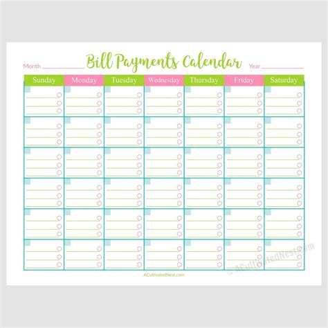 blank calendar  monthly bills calendar template printable