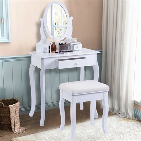 shop costway white vanity table jewelry makeup desk bench dresser bathroom w stool 3 drawers