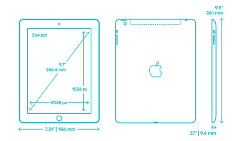 apple ipad  gen  dimensions drawings dimensionsguide