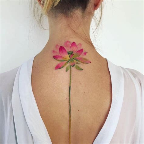 Watercolor Lotus Flower Tattoo On The Back
