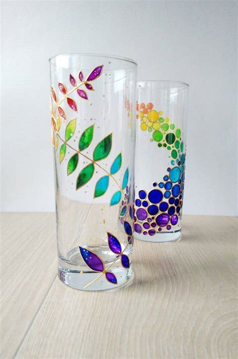 Rainbow Drinking Glasses Set Of 2 Hand Painted Floral