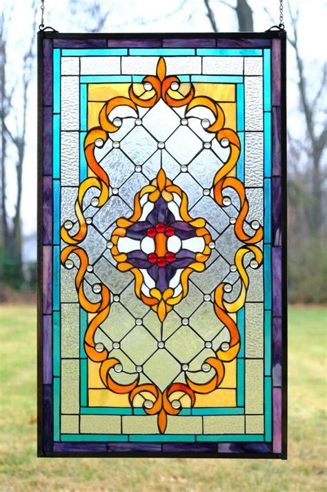 Tiffany Style Jeweled Stained Glass Window Panel 20 5 W X 34 75 H Ebay